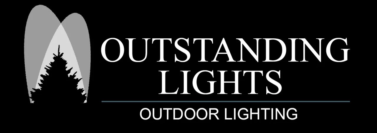 A logo with a pine tree silhouette illuminated by two spotlights, next to the text OUTSTANDING LIGHTS above a line, with Outdoor Lights written below on a black background—perfect for Lakemoor and beyond.